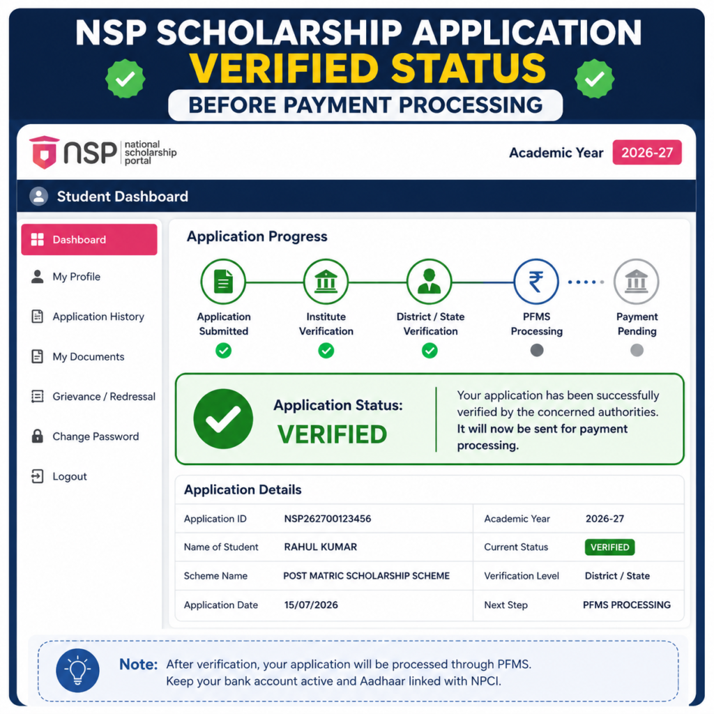 NSP Scholarship 2026–27 dashboard illustration showing application status as Verified before PFMS payment processing, with completed verification stages and a progress tracker.