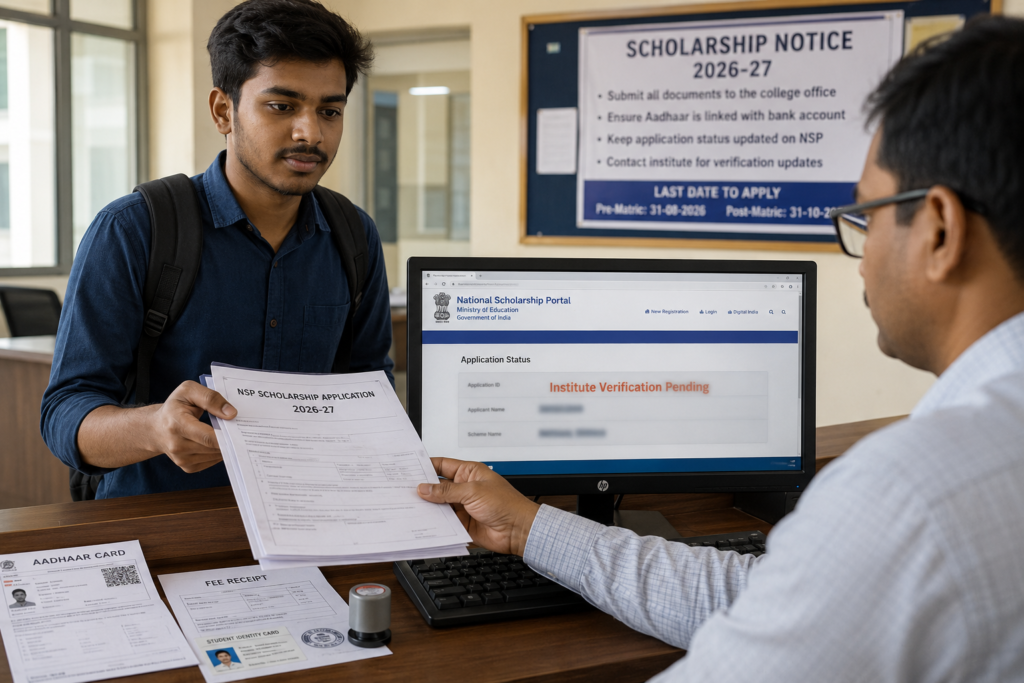 Indian college student submitting NSP Scholarship 2026–27 application documents at the college scholarship office while a verification officer checks the National Scholarship Portal showing an Institute Verification Pending status.