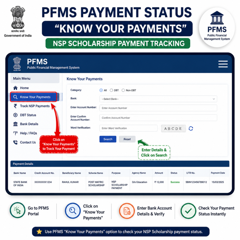 PFMS Know Your Payments page highlighting the NSP scholarship payment tracking option and payment status checking process.