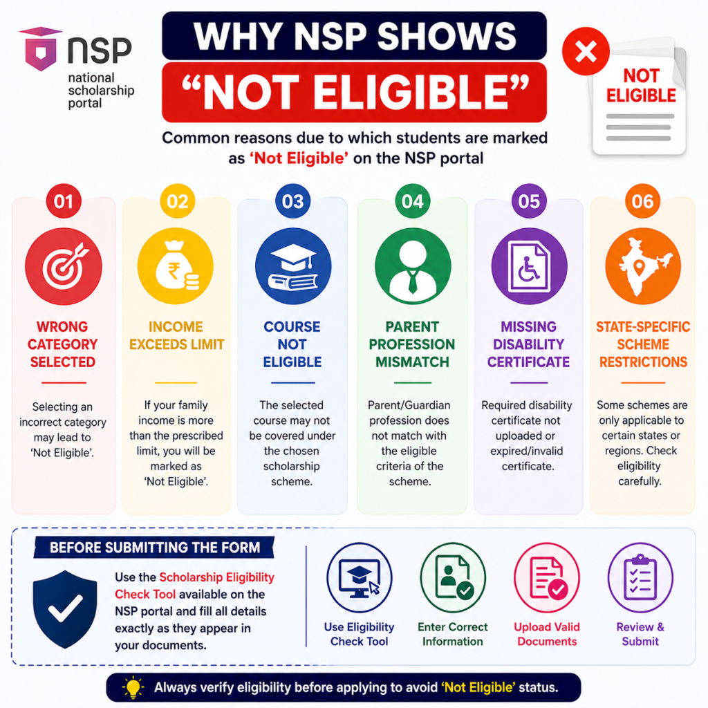 Infographic explaining why the NSP Scholarship portal shows "Not Eligible" and the common eligibility mistakes students should avoid before submitting the application.