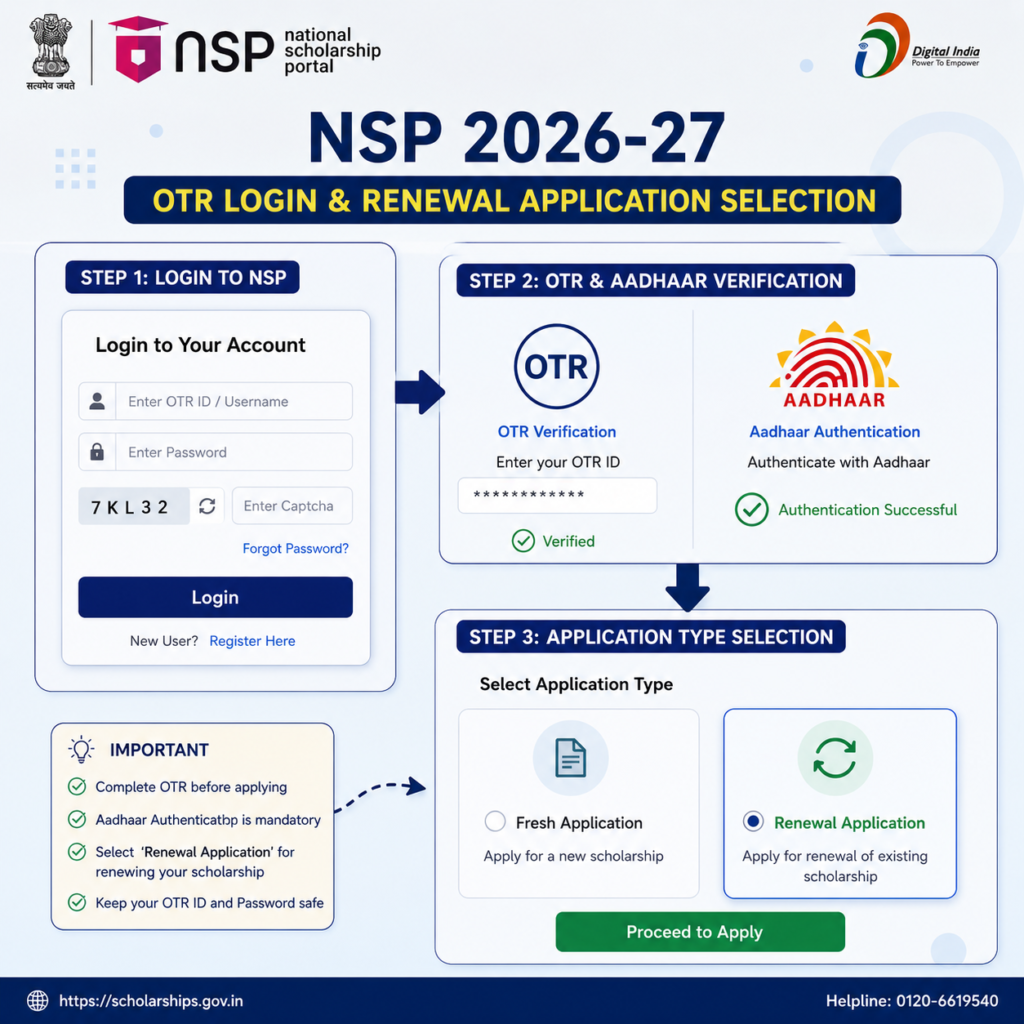 NSP OTR login and renewal application selection screen for National Scholarship Portal 2026-27