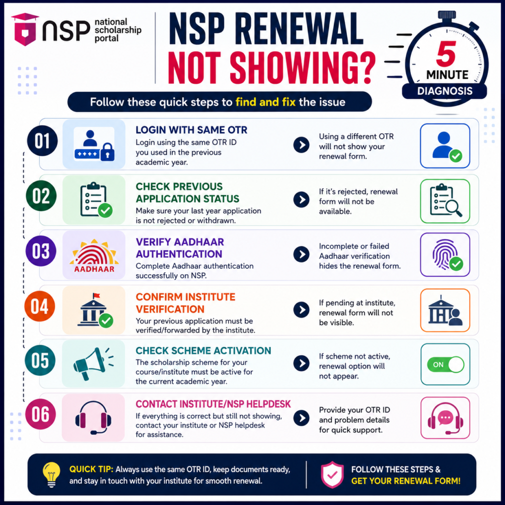 NSP Renewal Not Showing 2026-27 five-minute diagnosis infographic with six troubleshooting steps for National Scholarship Portal