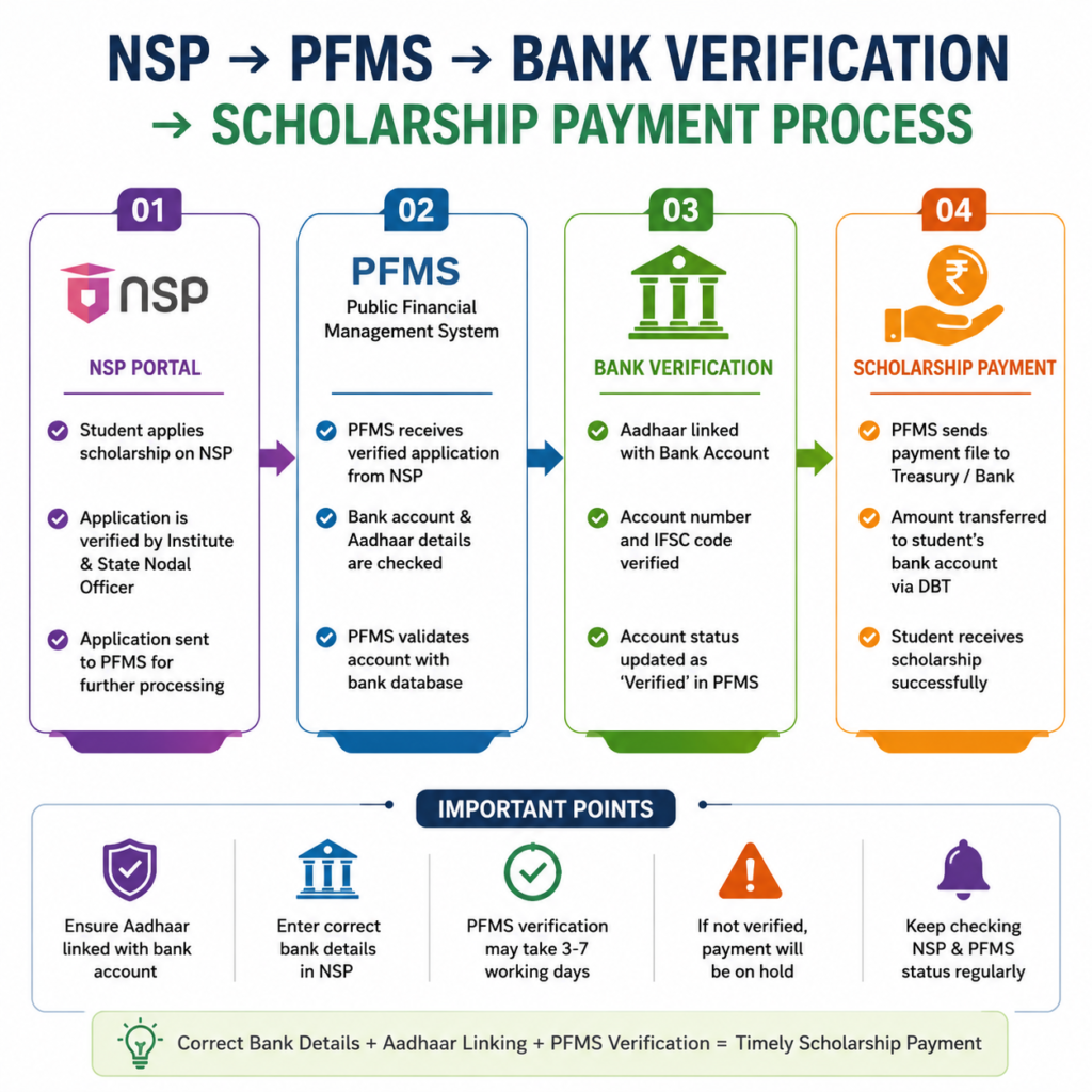 PFMS Bank Verification Process for NSP Scholarship 2026-27 flowchart showing NSP, PFMS, bank verification, and scholarship payment steps