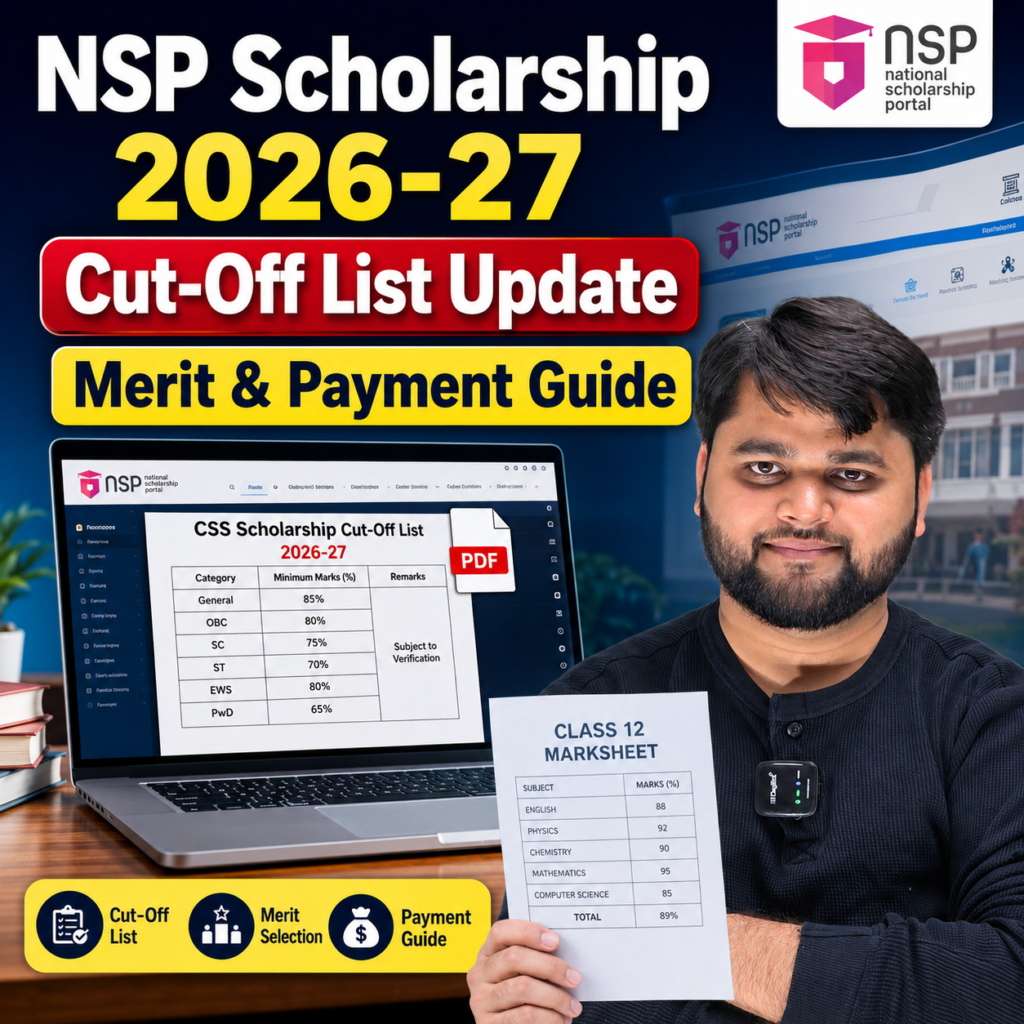 NSP Scholarship 2026-27 Cut-Off List update graphic showing a student holding a Class 12 marksheet with a laptop displaying the CSS Scholarship Cut-Off List PDF, along with merit selection and payment guide.