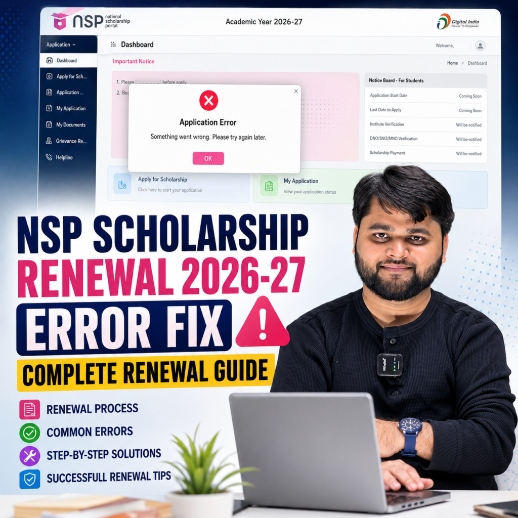 NSP Scholarship Renewal 2026-27 Error Fix Guide featuring a National Scholarship Portal dashboard with an application error popup and a student using a laptop for online renewal.