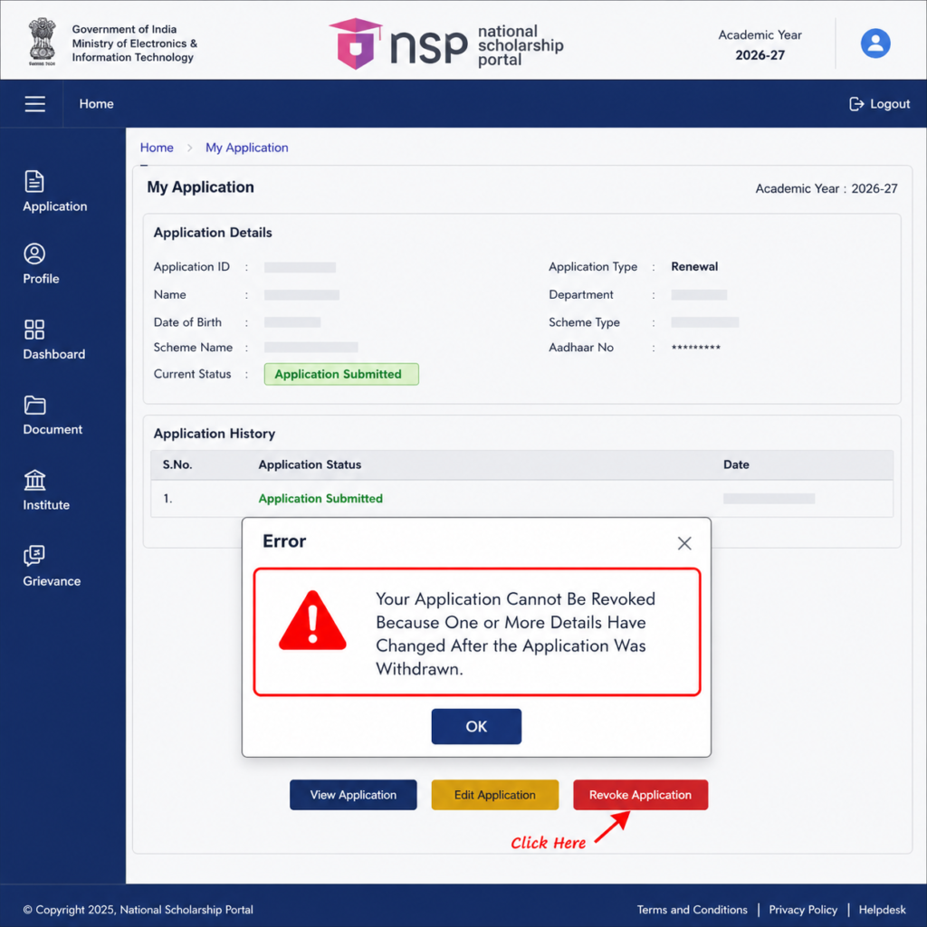 NSP Scholarship 2026-27 renewal portal screenshot showing the "Application Cannot Be Revoked" error message after application details were changed following withdrawal.