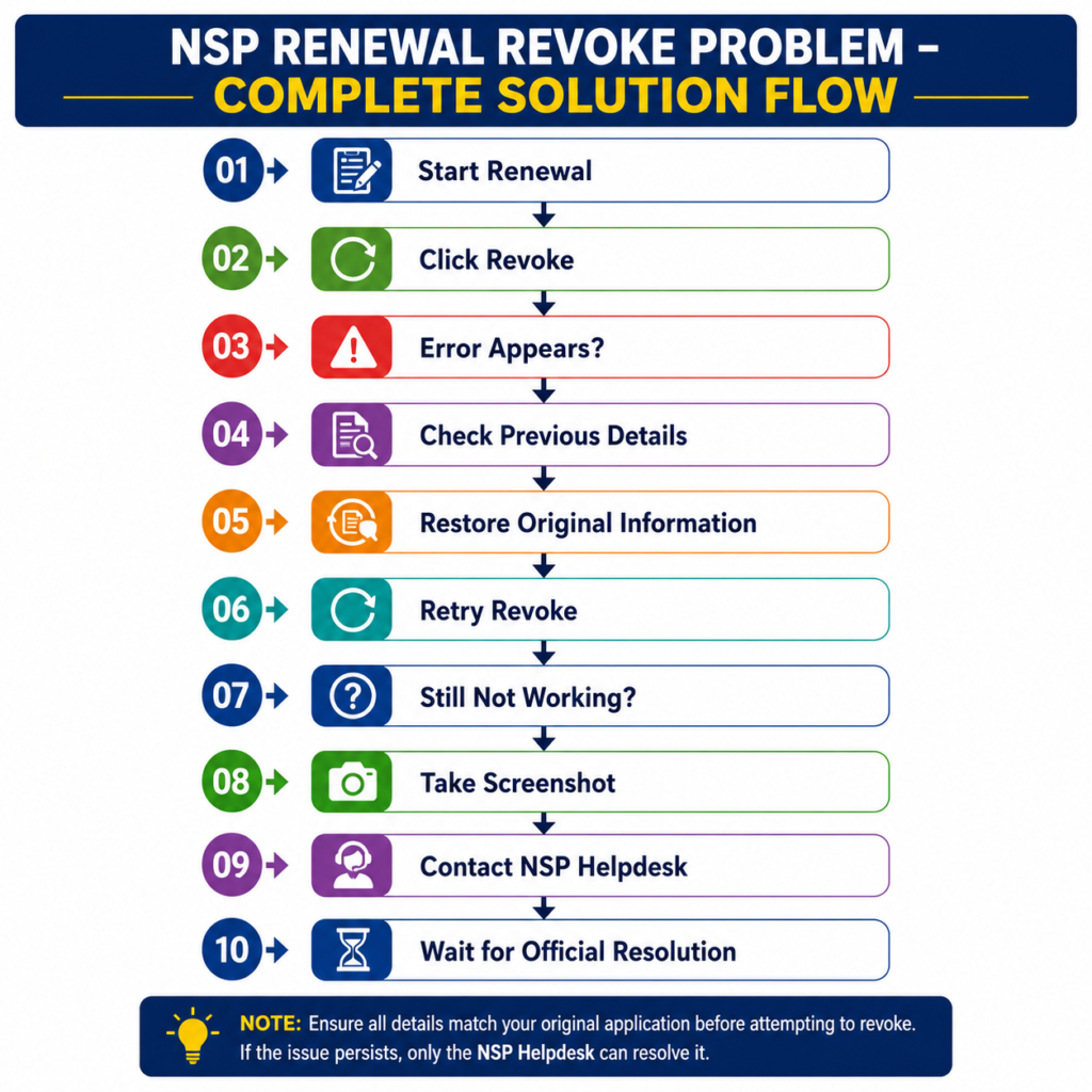 Infographic showing the NSP Scholarship 2026-27 renewal revoke problem solution flow, from revoke error to contacting the NSP Helpdesk for resolution.