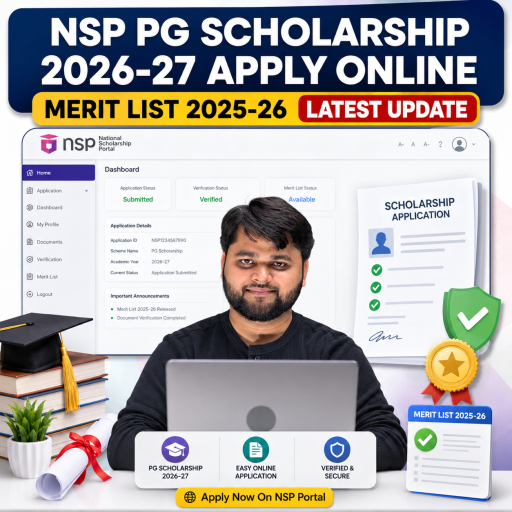 NSP PG Scholarship 2026-27 Apply Online graphic with National Scholarship Portal dashboard, merit list update, scholarship documents, and student verification icons