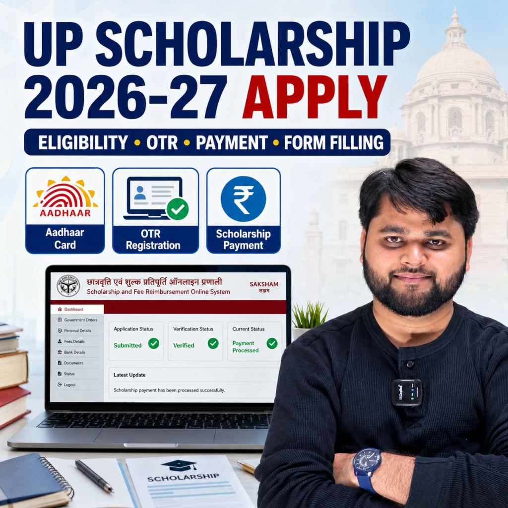 UP Scholarship 2026-27 Apply Online guide showing eligibility, OTR registration, scholarship payment, and online form filling process