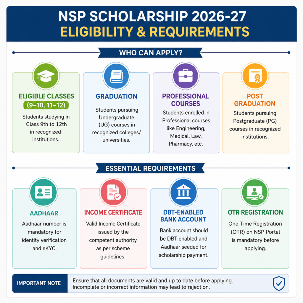 NSP Scholarship 2026-27 eligibility infographic showing eligible classes, graduation, professional courses, postgraduate students, Aadhaar, income certificate, DBT-enabled bank account, and OTR registration requirements.