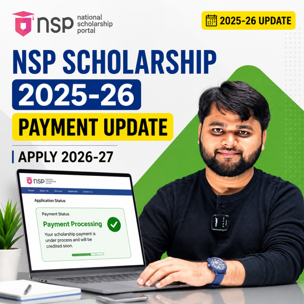 NSP Scholarship 2025-26 payment update graphic showing a student checking scholarship payment processing status on a laptop with National Scholarship Portal application 2026-27 information.