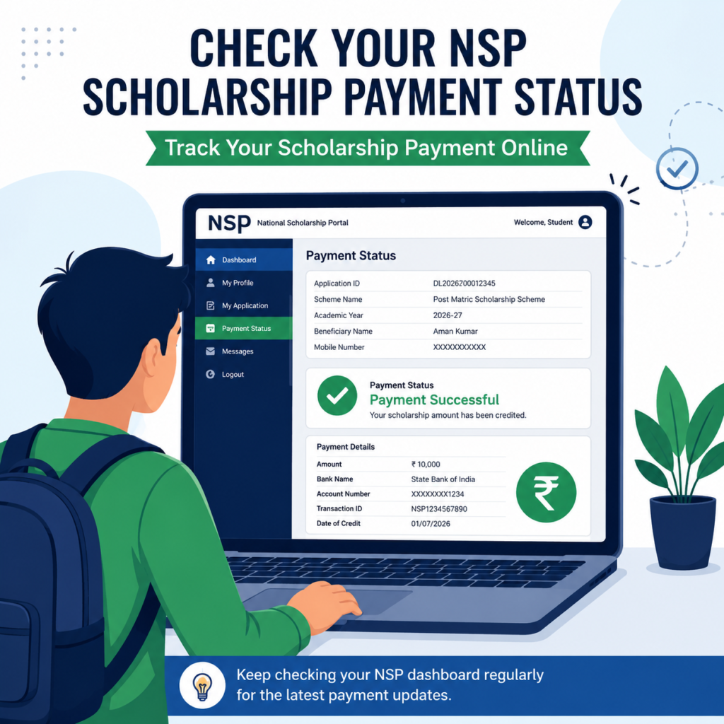 Student checking the NSP Scholarship portal dashboard online with the payment status displayed on a laptop screen in a flat vector illustration.