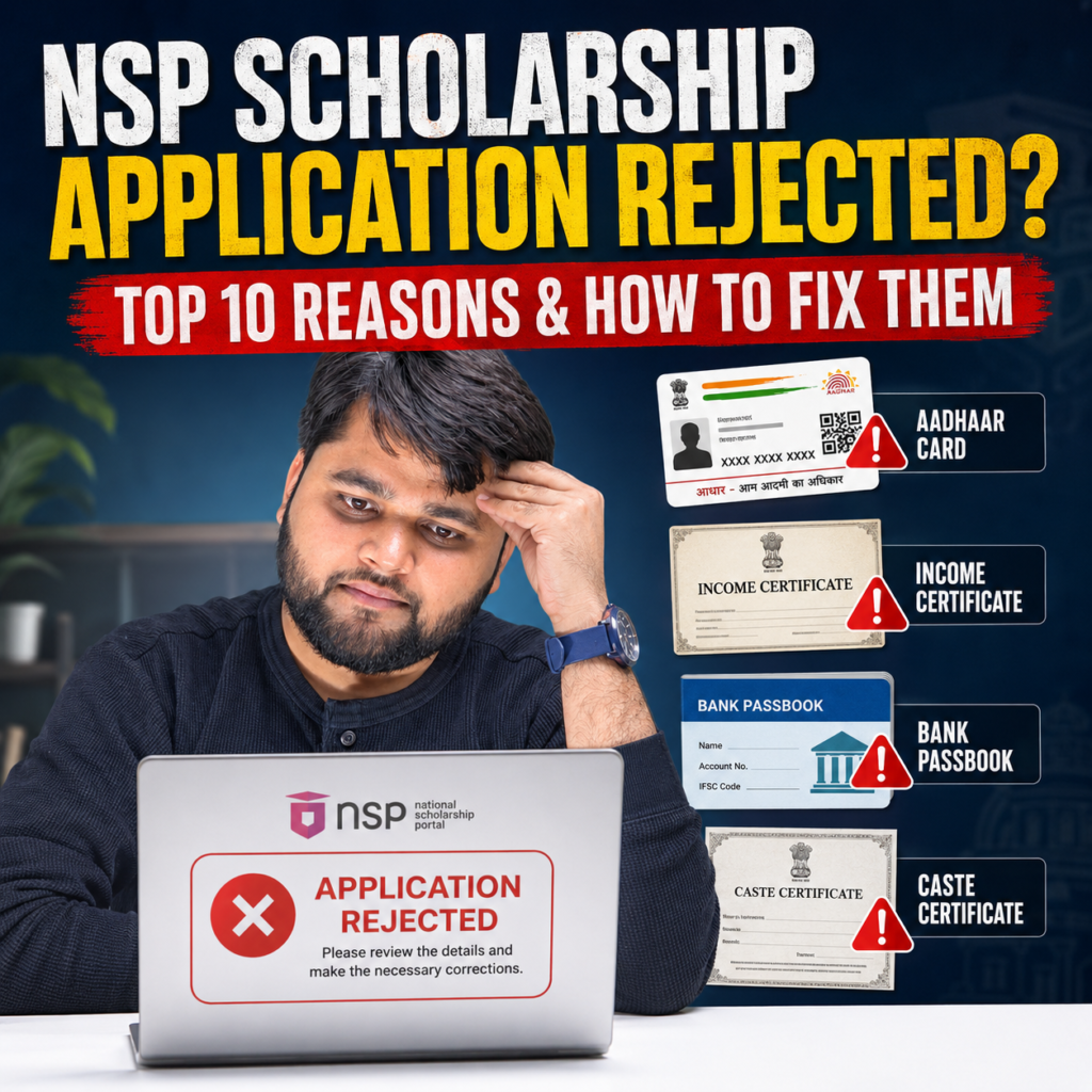 Student checking an NSP Scholarship application rejected status on a laptop with Aadhaar Card, Income Certificate, Bank Passbook, and Caste Certificate shown alongside warning icons.