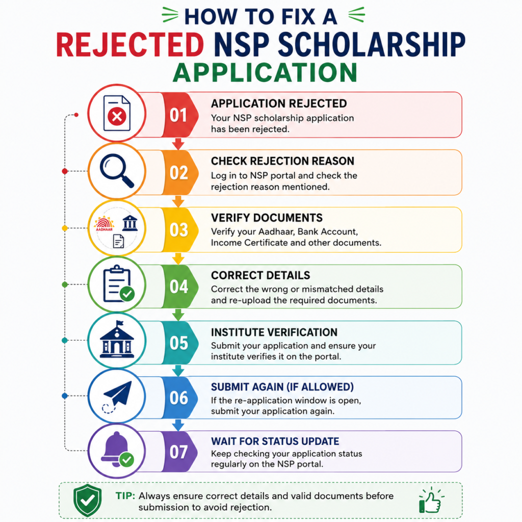 Step-by-step infographic explaining how to fix a rejected NSP Scholarship application by checking the rejection reason, verifying documents, correcting details, completing institute verification, resubmitting the application if allowed, and tracking the application status.