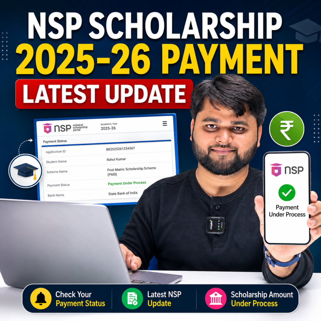 NSP Scholarship 2025-26 payment latest update graphic showing a student checking payment status on laptop and smartphone with payment under process message