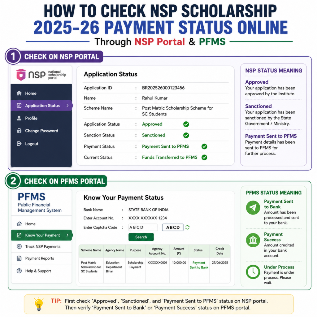 How to check NSP Scholarship 2025–26 payment status online through the NSP portal and PFMS using application and payment status dashboards.