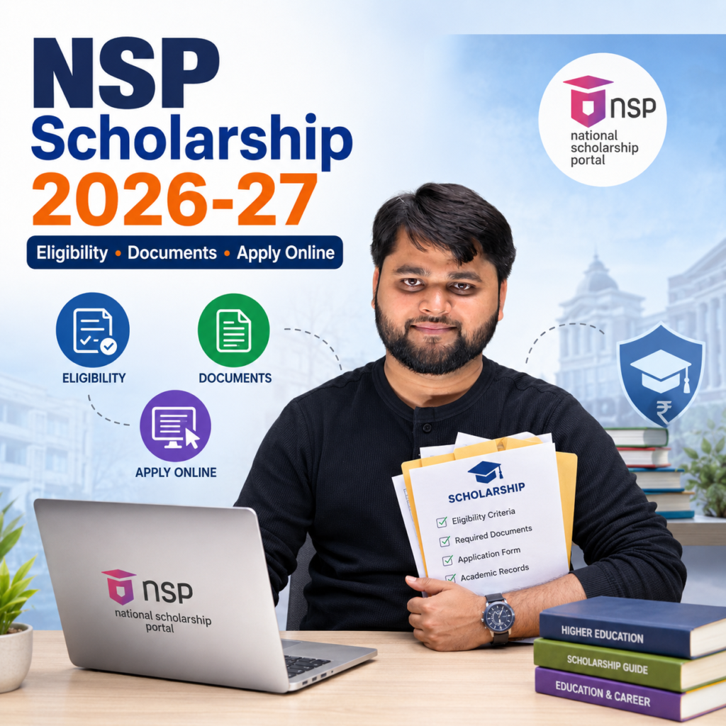 NSP Scholarship 2026-27 eligibility requirements, required documents, and online application guide with National Scholarship Portal dashboard