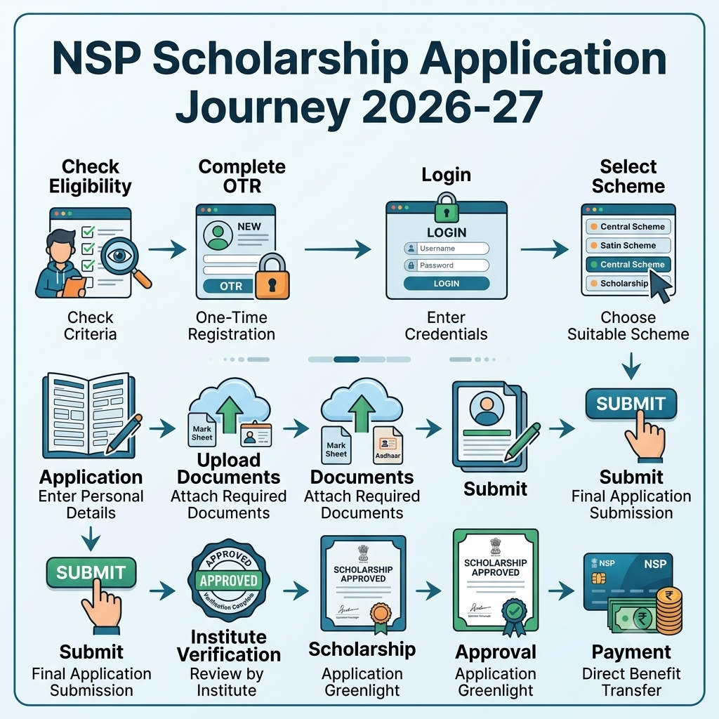 A step-by-step infographic illustrating the National Scholarship Portal (NSP) scholarship application journey for 2026-27. It includes 10 visual steps with icons and text: Check Eligibility, Complete OTR, Login, Select Scheme, Fill Application, Upload Documents, Submit, Institute Verification, Scholarship Approval, and Payment.