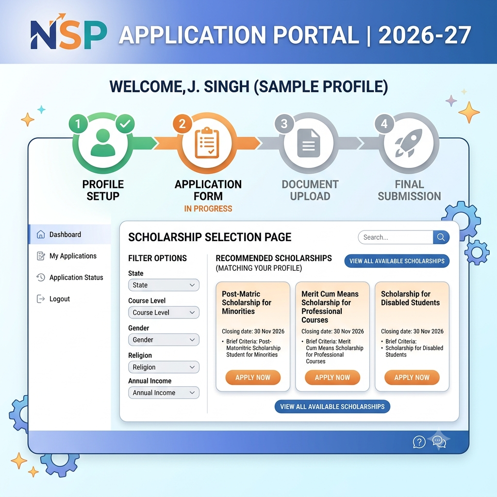 NSP Scholarship 2026-27 online application process step by step dashboard showing scholarship selection page
