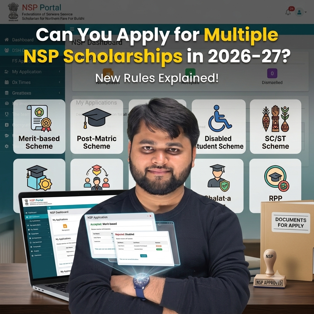 A promotional infographic for the NSP Portal, featuring a central smiling man and multiple visual elements about applying for multiple scholarships in 2026-27. It includes text in English: "Can You Apply for Multiple NSP Scholarships in 2026-27? New Rules Explained!", along with a grid of icon categories (Merit-based, Post-Matric, Disabled Student, SC/ST, Bhalat-a, RPP) and simulated dashboard application windows.
