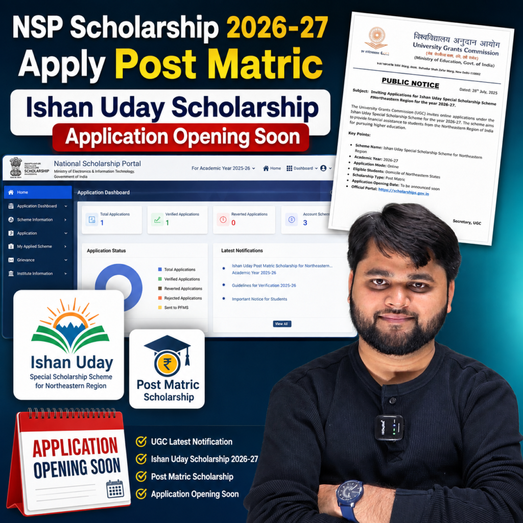 NSP Scholarship 2026-27 Apply Post Matric featured image showing the National Scholarship Portal dashboard, UGC public notice, Ishan Uday Scholarship, and application opening soon announcement.