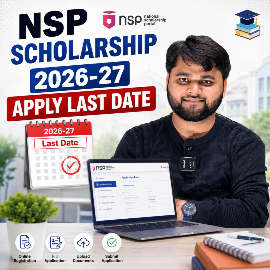 NSP Scholarship 2026-27 apply last date with student using laptop