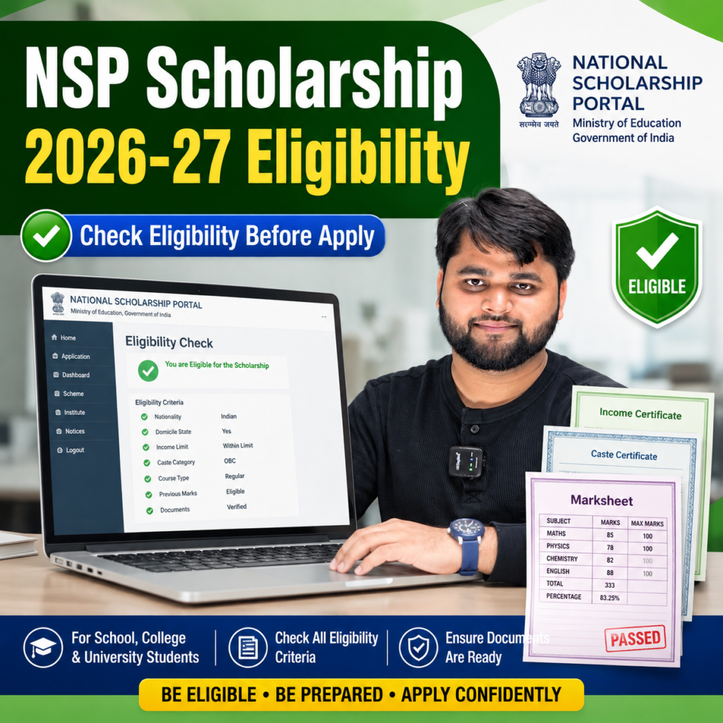NSP Scholarship 2026-27 eligibility check with laptop, student and required documents