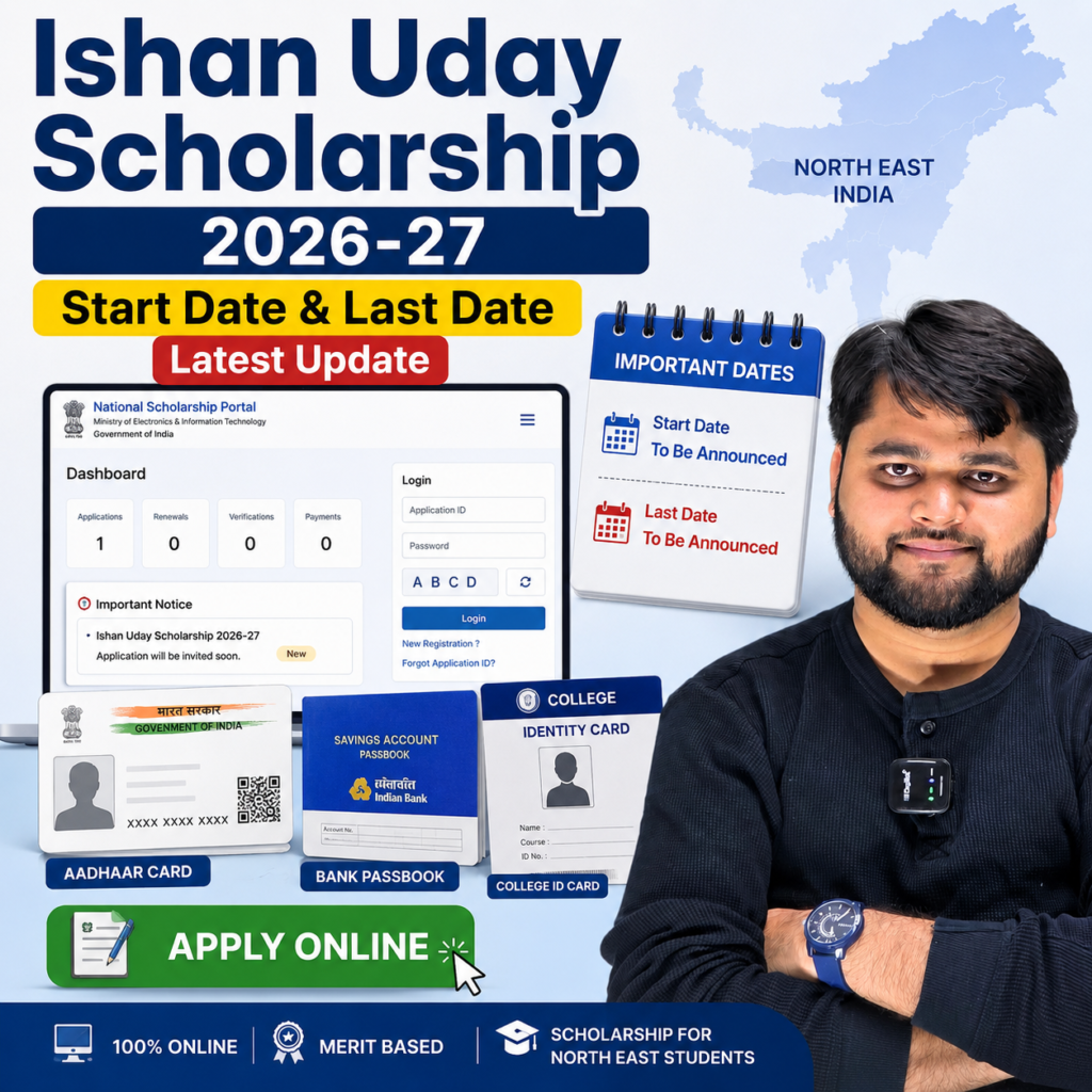Ishan Uday Scholarship 2026-27 featured graphic showing the latest start date and last date update with the National Scholarship Portal dashboard, Aadhaar Card, Bank Passbook, College ID, and North East India map.