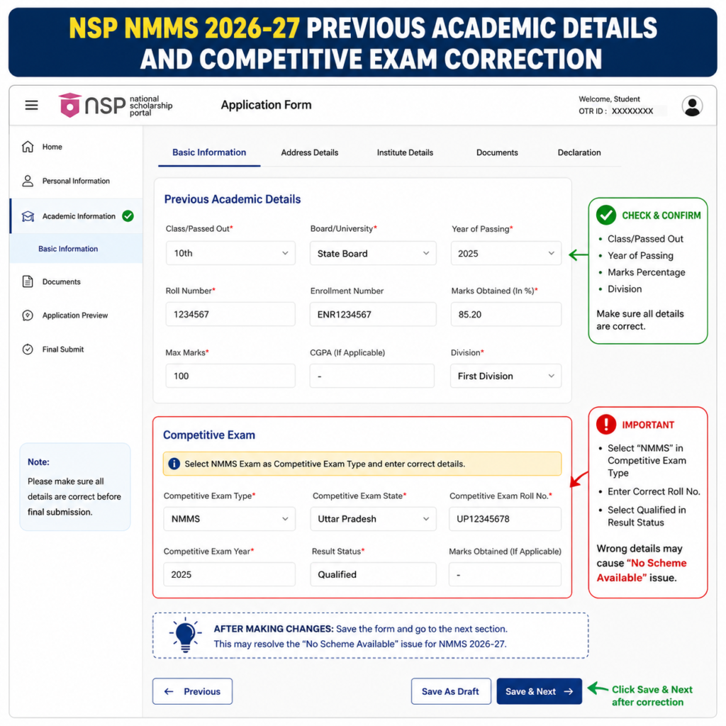 NSP NMMS 2026-27 previous academic details and competitive exam correction