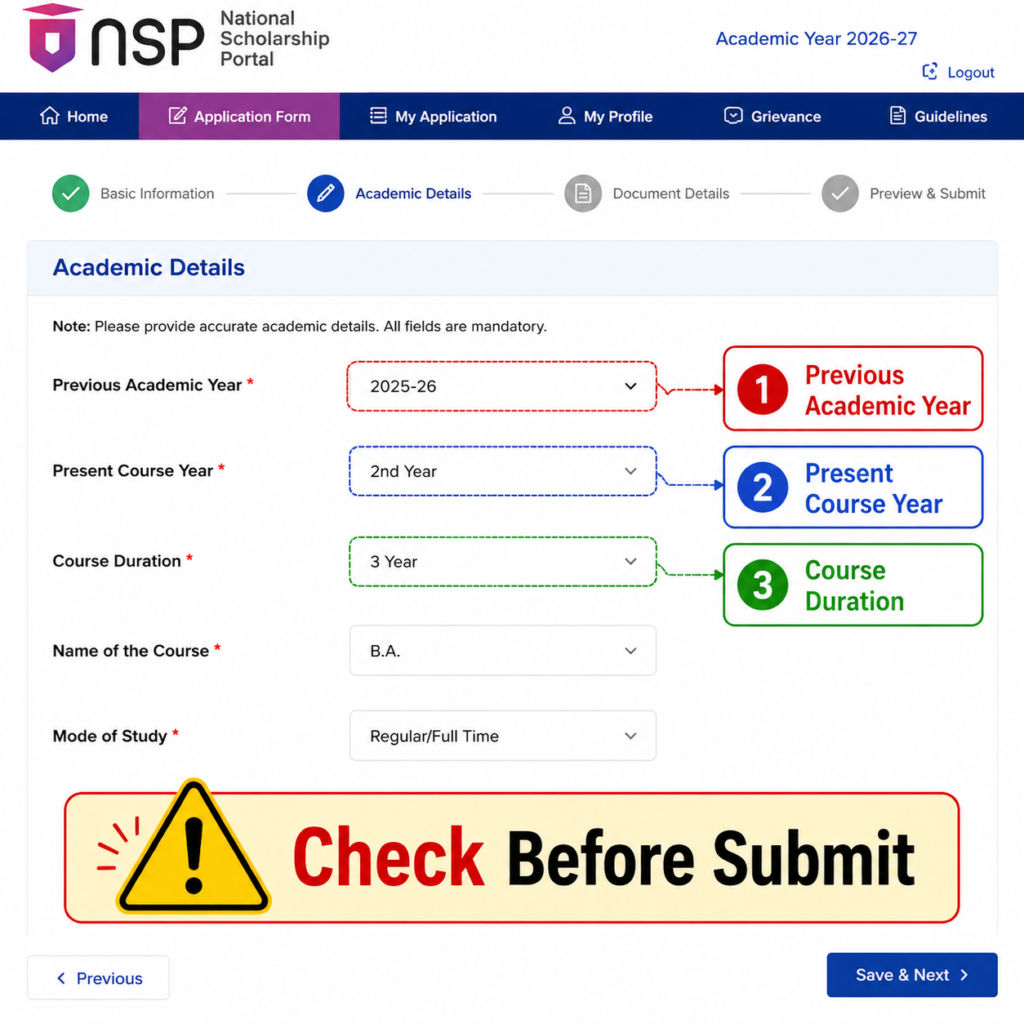 NSP Scholarship 2026-27 academic details showing previous academic year, present course year and course duration