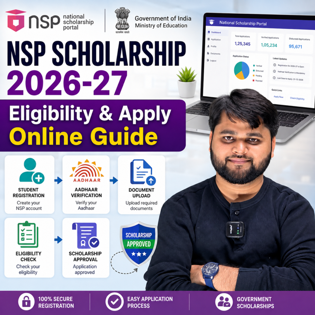 NSP Scholarship 2026-27 Eligibility and Apply Online Guide infographic showing the National Scholarship Portal dashboard, student registration, Aadhaar verification, document upload, eligibility check, scholarship approval, and presenter.