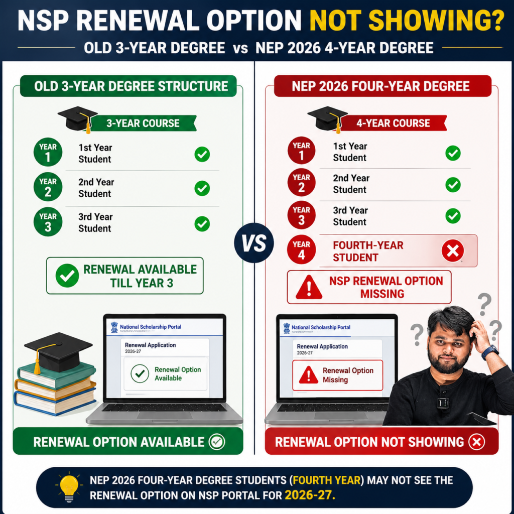 Comparison between the old 3-year degree and NEP 2026 4-year degree showing why the NSP Scholarship renewal option may not appear for fourth-year students in 2026-27.