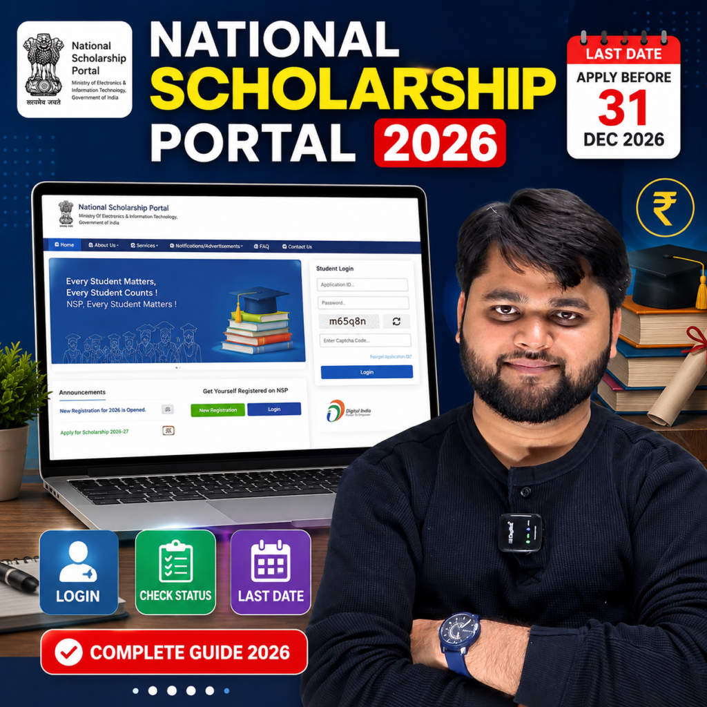 National Scholarship Portal 2026 homepage on a laptop with login screen, scholarship application form, status dashboard, and last date guide alongside the presenter.