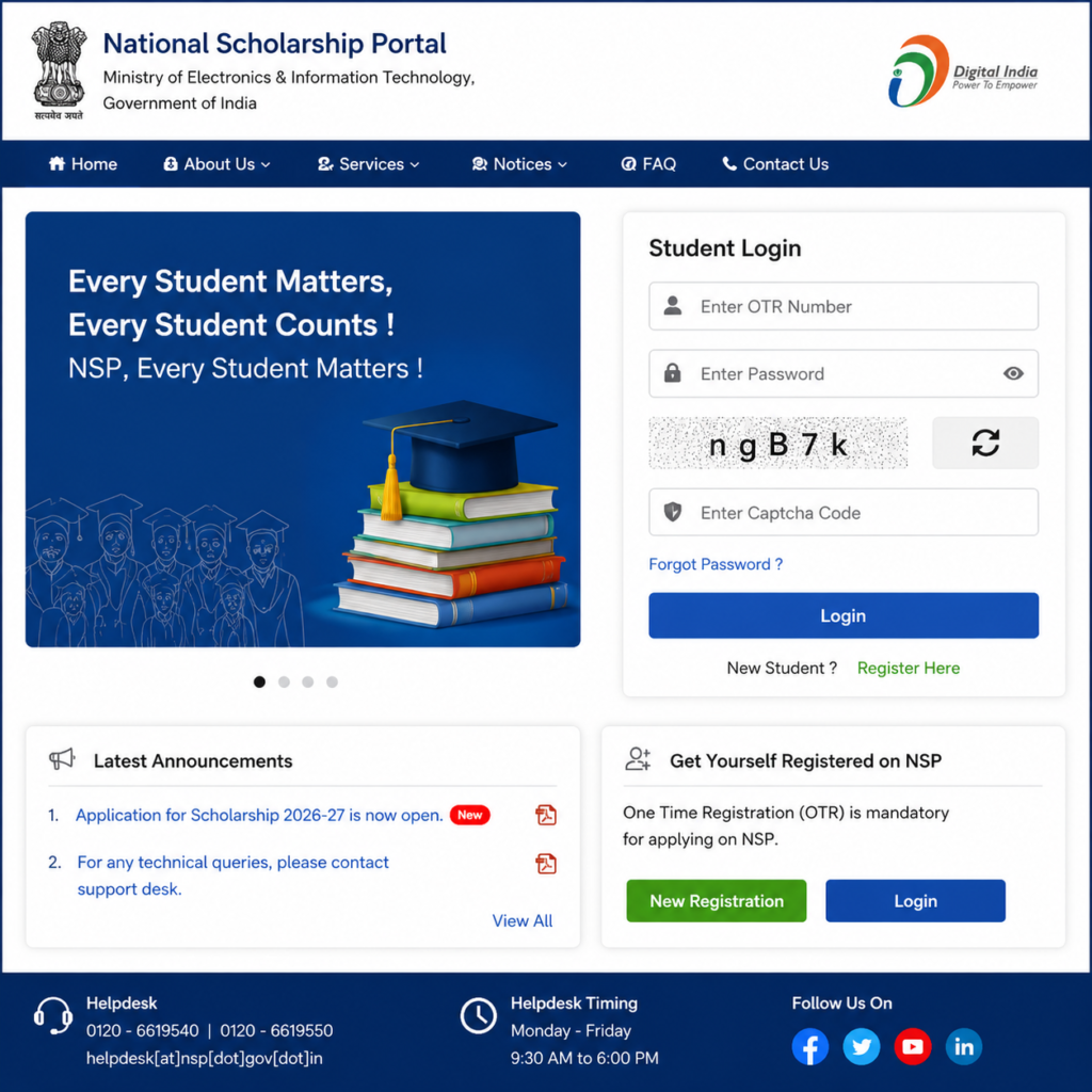 NSP Login Portal 2026 student login page showing OTR Number, Password, CAPTCHA, and Login button for National Scholarship Portal access.