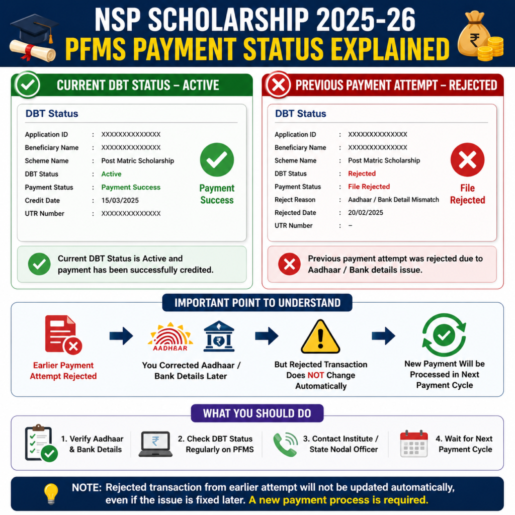 NSP Scholarship 2025-26 PFMS payment file rejected Aadhaar DBT status explanation