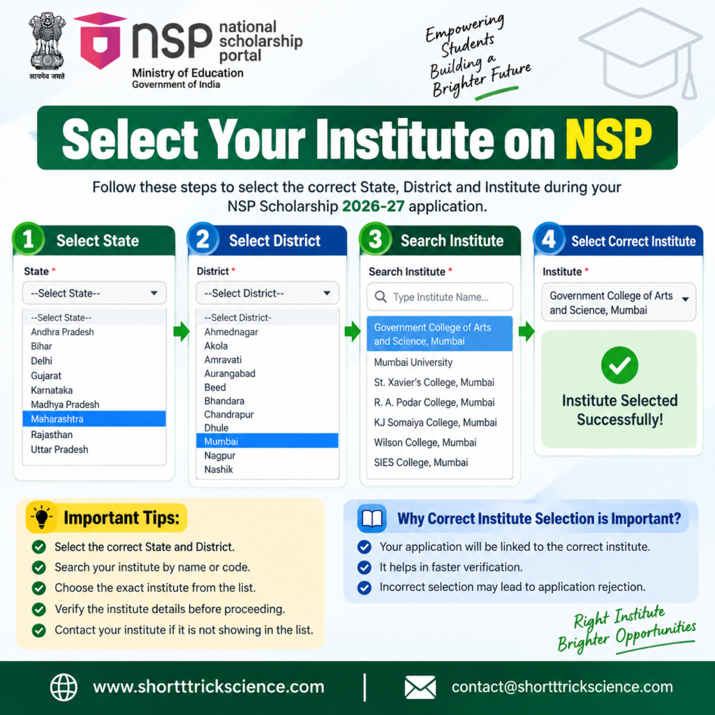 NSP Scholarship 2026-27 select institute and college during application
