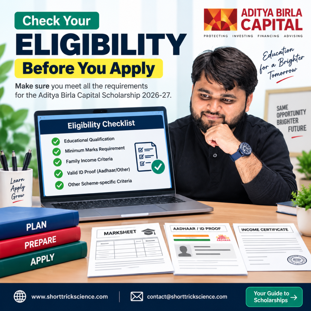 Aditya Birla Capital Scholarship 2026-27 eligibility checklist with student checking marksheet, Aadhaar ID and income documents