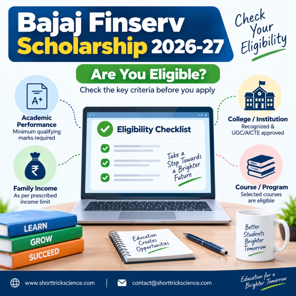 Bajaj Finserv Scholarship 2026-27 eligibility checklist with academic marks, family income, college and course requirements