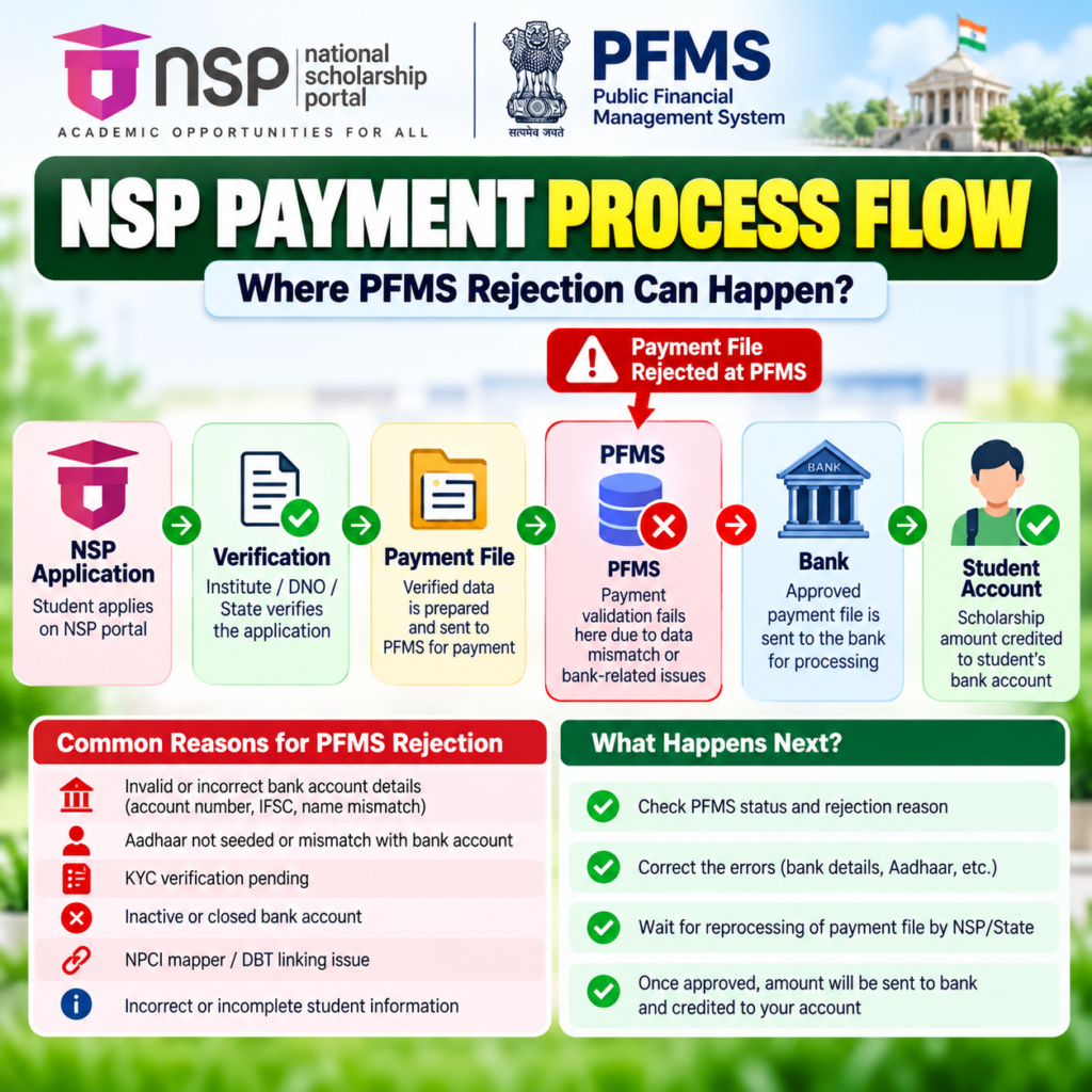 NSP Payment Process Flow 2026-27 showing application, verification, payment file, PFMS rejection, bank processing and student account credit.