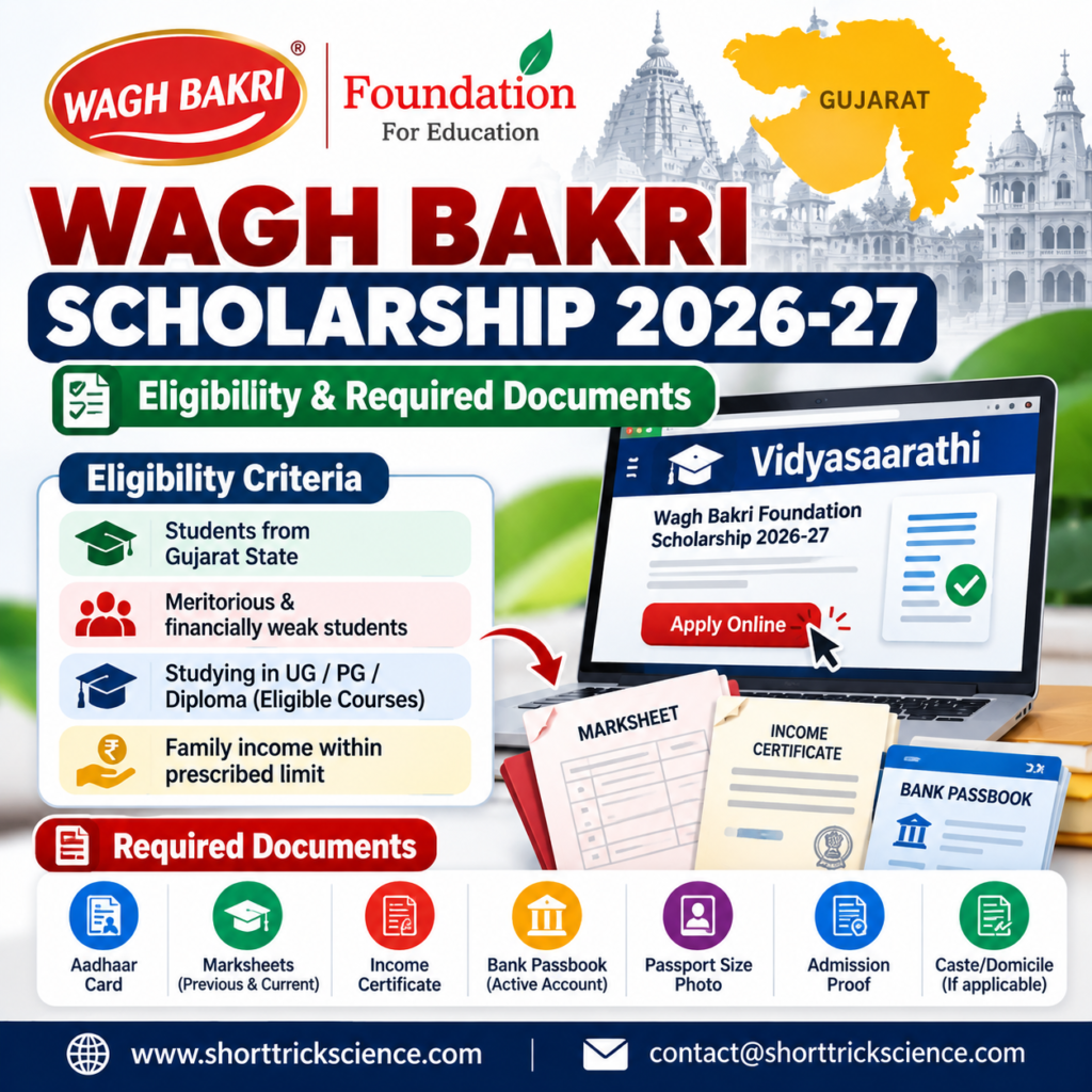 Wagh Bakri Scholarship 2026-27 eligibility criteria and required documents, including Aadhaar card, marksheets, income certificate and bank passbook.