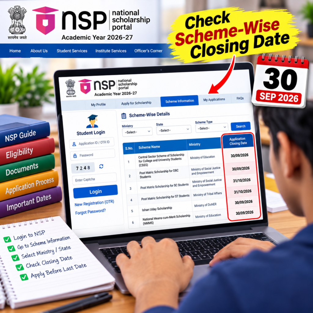 NSP Scholarship 2026-27 scheme-wise closing date shown on the National Scholarship Portal