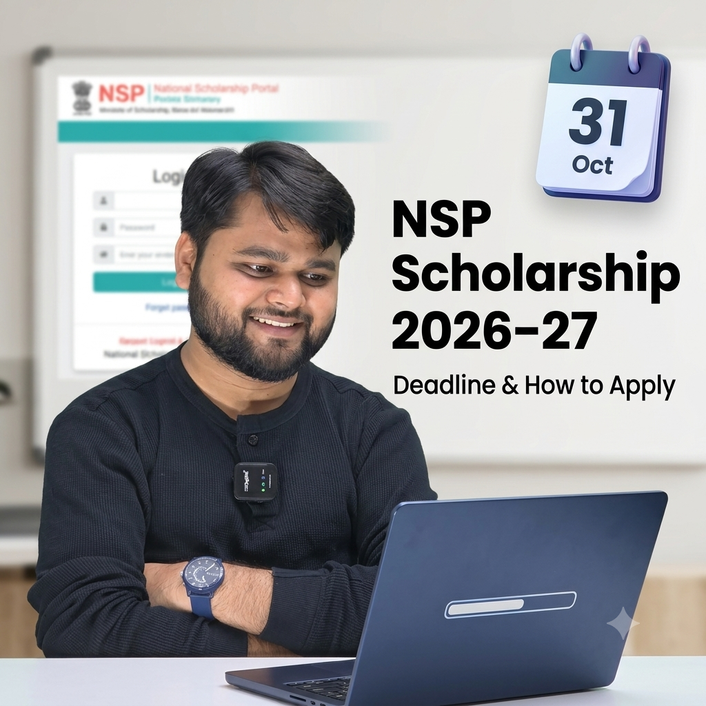 A young man sitting at a desk with a laptop, featured alongside a softly blurred NSP portal login screen, a calendar icon highlighting 31 Oct, and bold text reading "NSP Scholarship 2026–27".