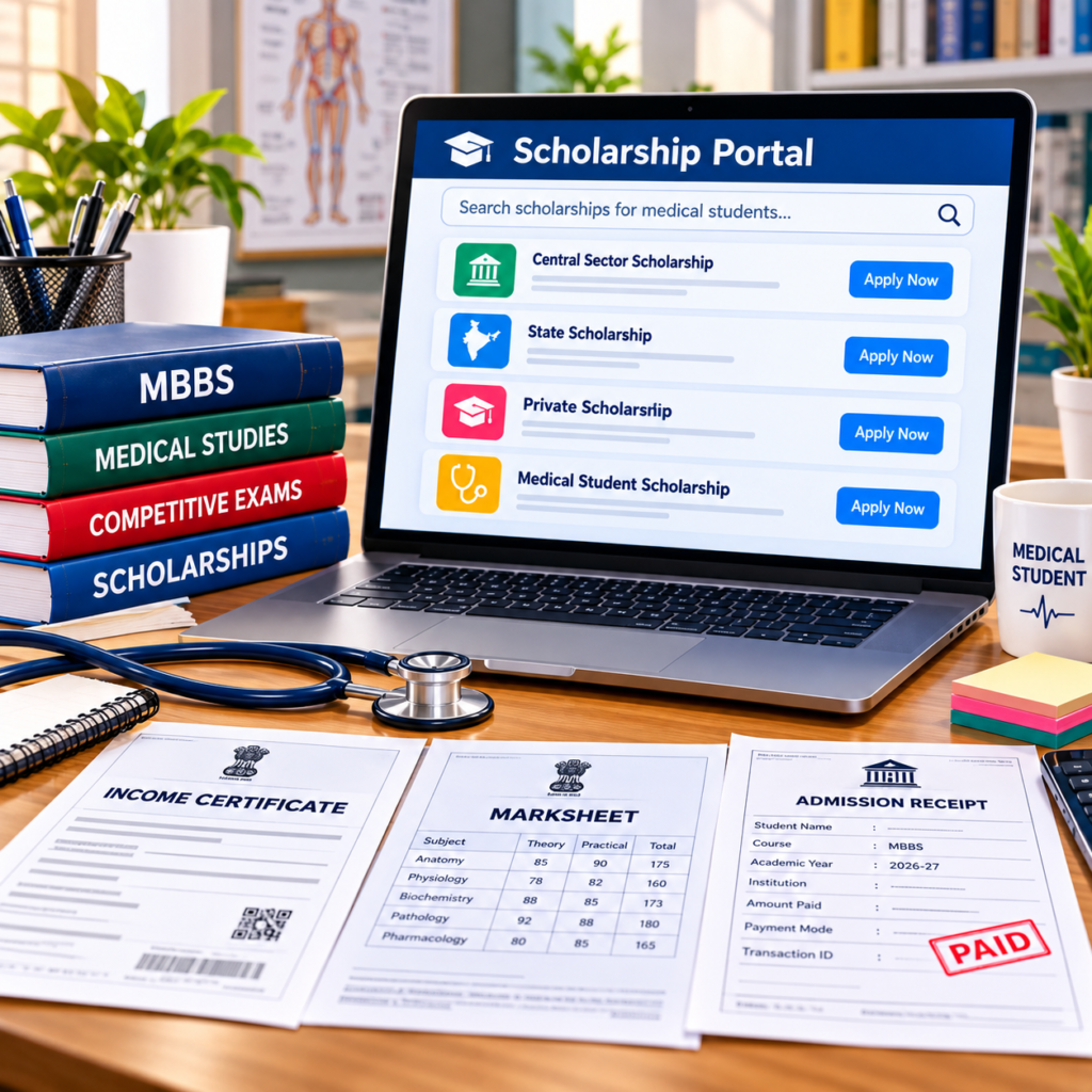 Medical student checking scholarship options and required documents online
