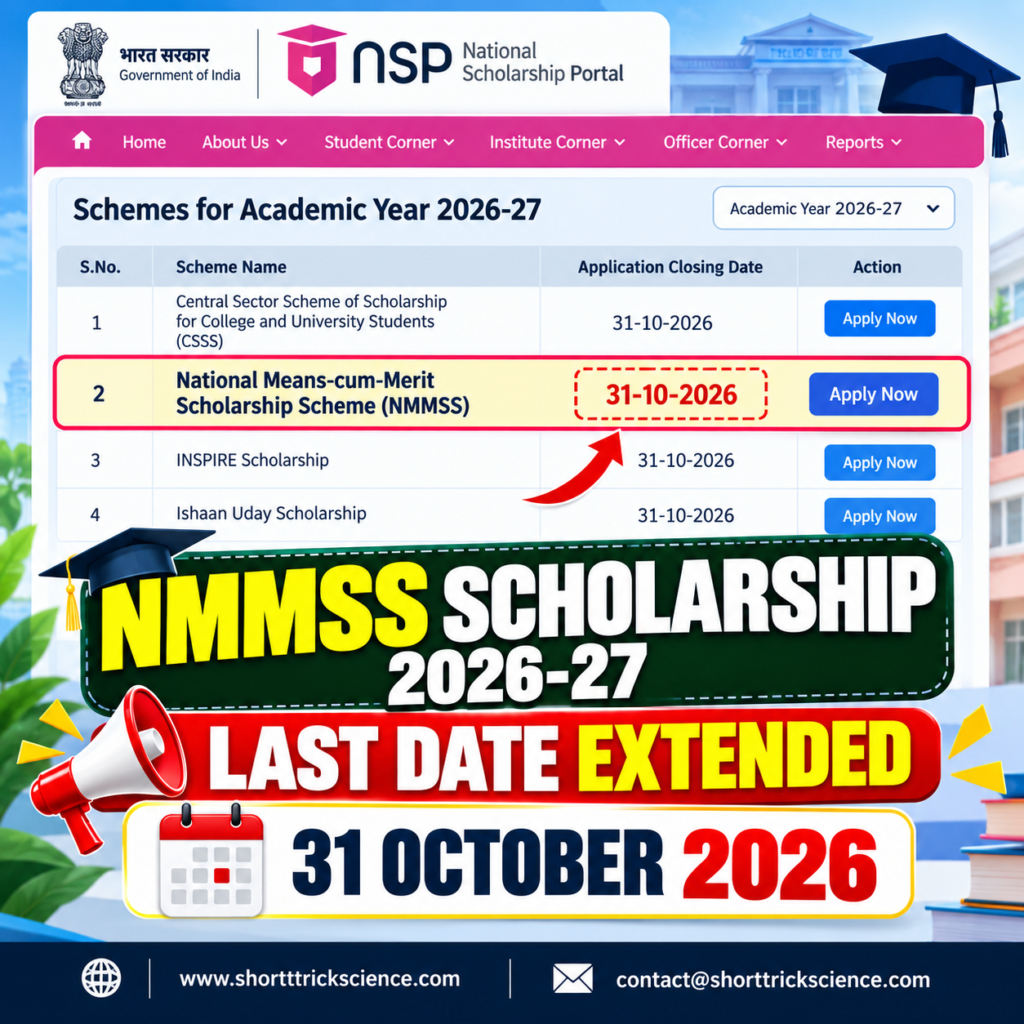 NMSS Scholarship 2026-27 last date extended to 31 October 2026 on NSP portal