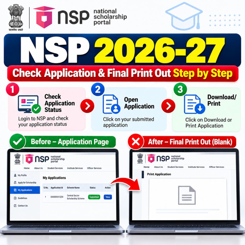 NSP 2026-27 application status and final printout process showing check status, open application and download or print steps