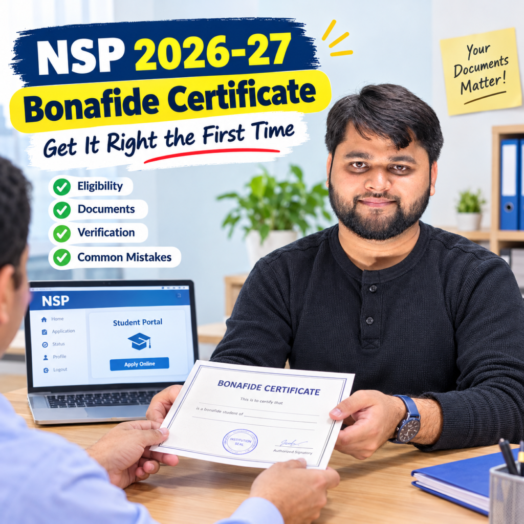 NSP Scholarship 2026-27 bonafide certificate guide showing a student receiving a certificate for scholarship application.

