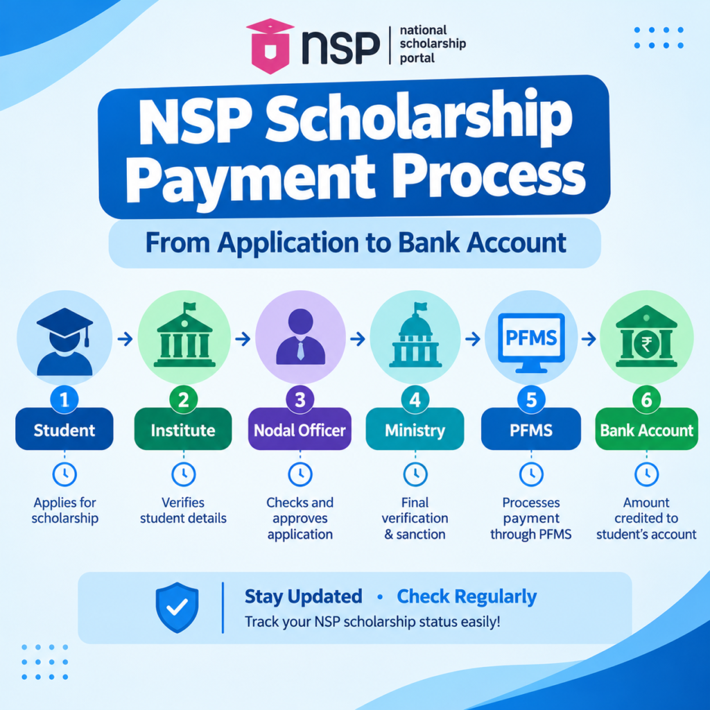 NSP scholarship payment process from student application to bank account through institute verification, nodal officer, ministry, and PFMS