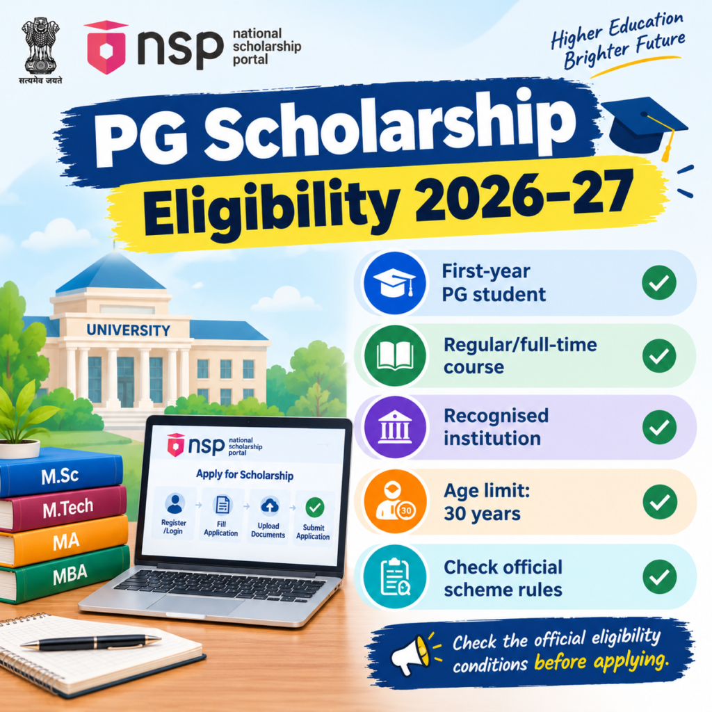 National Scholarship for Post Graduate Studies eligibility criteria 2026-27, including first-year PG students, full-time courses, recognised institutions, and age limit of 30 years.