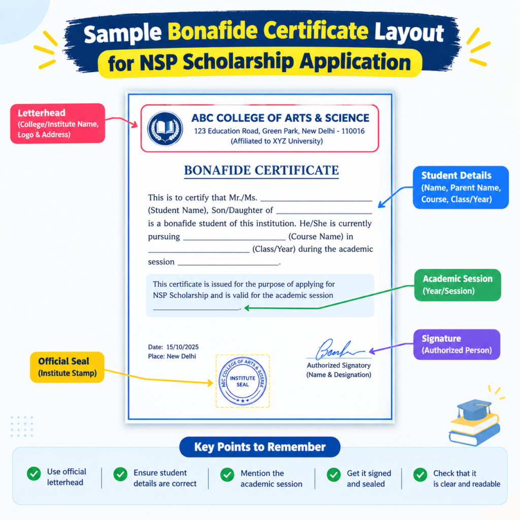 Sample bonafide certificate layout for NSP Scholarship 2026-27 showing letterhead, student details, academic session, authorized signature, and institute seal.

