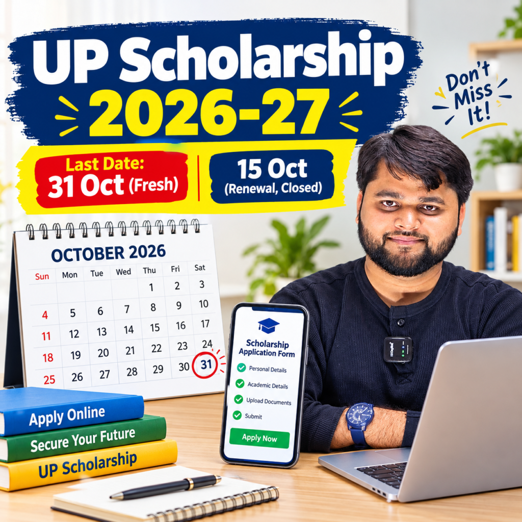 UP Scholarship 2026-27 last date calendar showing 31 October deadline for fresh applications and 15 October for renewal applications.